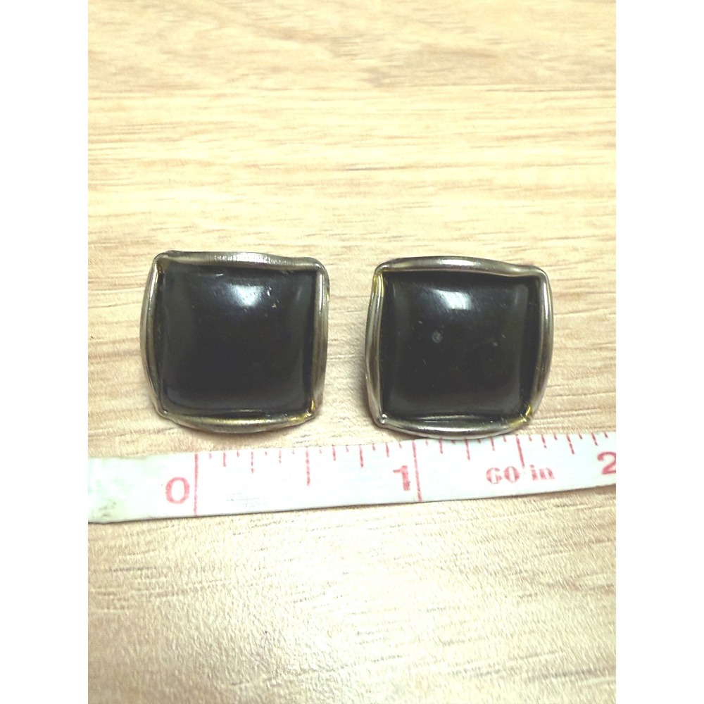 Vintage Square Black Cabochon Stud Earrings Silver Tone Geometric Minimalist